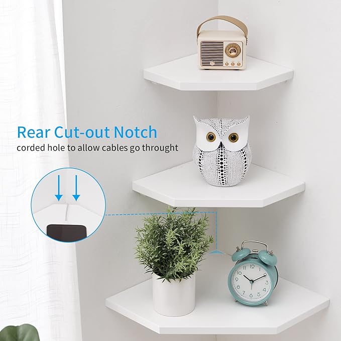 Corner Floating Shelves, White Corner Wall Shelf Set of 2, Solid Oak Wood Floating Shelves Wall Mount Shelf with Wire Hole Small Plant Display for Kitchen Living Room Bedroom
