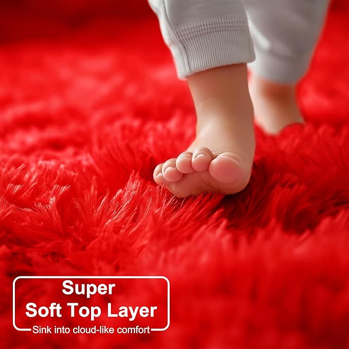 Amdrebio Red Area Rugs for Living Room Bedroom Decor, Red Carpet, Christmas Rug 5x8, Fluffy Shaggy Fuzzy Furry Throw Rugs for Kids Room Dorm Nursery Classroom, Shag Plush Rug for Teen Boys Playroom