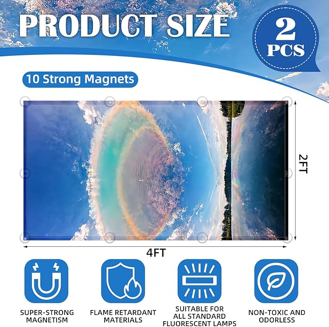 ANGSYLTH 2 Pcs Fluorescent Light Covers - 4 x 2 Feet Covers for Ceiling Lights, Magnetic Light Filters for Classroom, Office, Hospitals, Home (Blue Sky - Rainbow)
