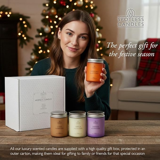 Candles for Women - 4 x 8oz Colored Glass Jars (3.7" H x 2.87" Dia) Mixed Set of Classic Scents Pumpkin Spice, Coffee, Vanilla, Lavender, 200 Hours Burn Time, Classic Candle Set by Spotless Leopard