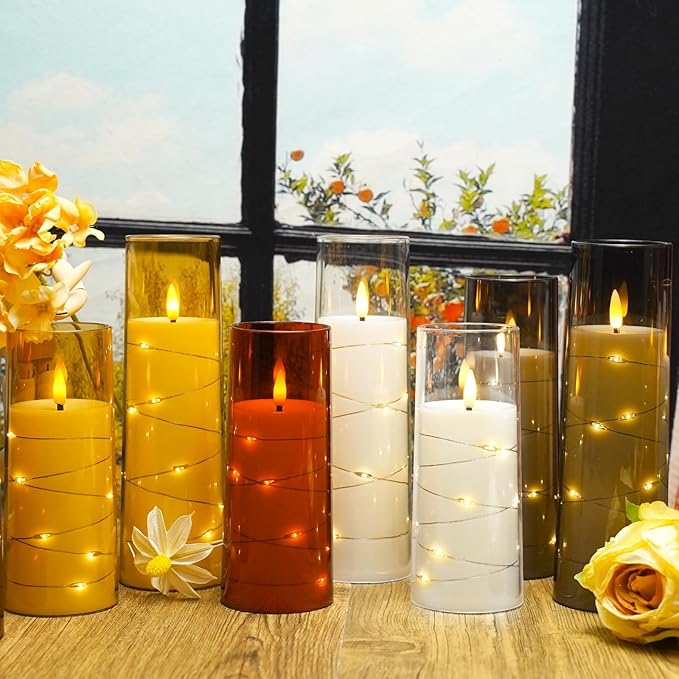 Nimiko Flickering Flameless LED Candles,Battery Operated Candles 9 Pcs with Embedded Star String,Acrylic LED Pillar Candles with Remote,Suitable for Home Decoration to Create an Atmosphere（Gold）