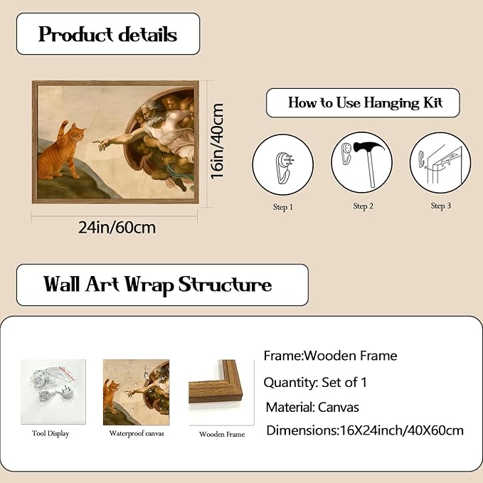 Funny Creation of Adam and Cat Wall Art, Whimsical Cat and God Wall Decor Painting Quirky Michelangelo and Animal Poster Canvas Print for Bedroom Living Room 16x24 inch Wood Framed