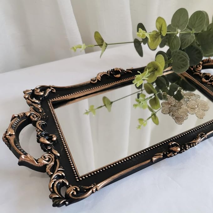 Small Rectangle Decorative Mirror Tray, French Style, Makeup Organizer, Jewelry Organizer, Serving Tray, 13"x 7.8", Black