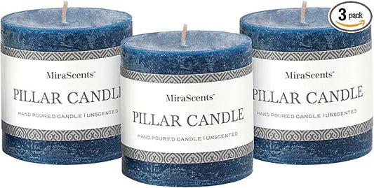 3x3 Inch Dark Blue Pillar Candles Set of 3 - Hand-Poured Unscented Candles, Long Clean Burning, Navy Blue Candle, Smokeless Dripless Candle for Dinner Table, Wedding, Home, Rustic Decor