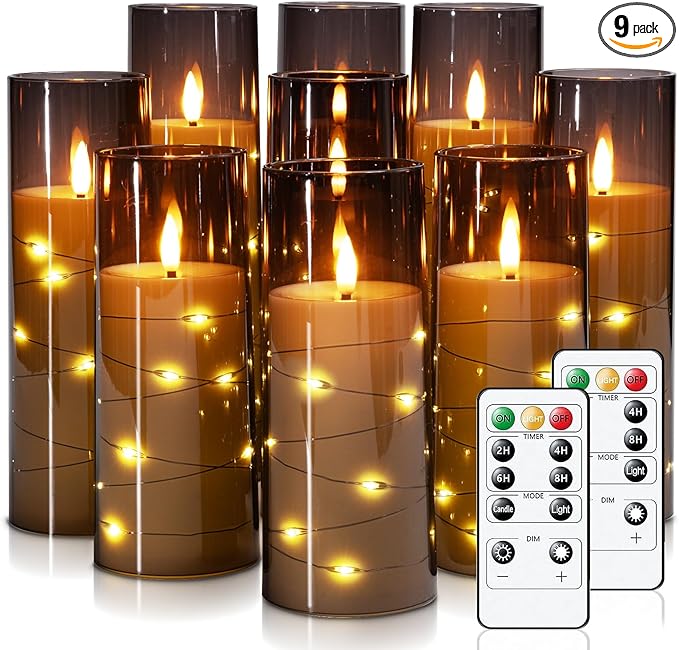 Raycare Flameless Candle with Remote Timer – 9 Flickering Acrylic Battery Operated LED Pillar Candles with Embedded Star String for Christmas, Home Decor, and as a Gift(Grey)