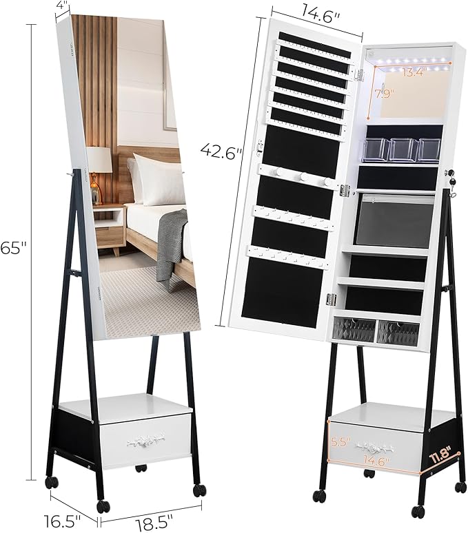 White Floor Standing Mirror Jewelry Full Mirror Armoire Cabinet, Storage Organizer w/LED Light Makeup Mirror for Bedroom Jewelry Boxes & Organizers Standing Jewelry Armoire Jewelry Cabinet 47x42x165CM