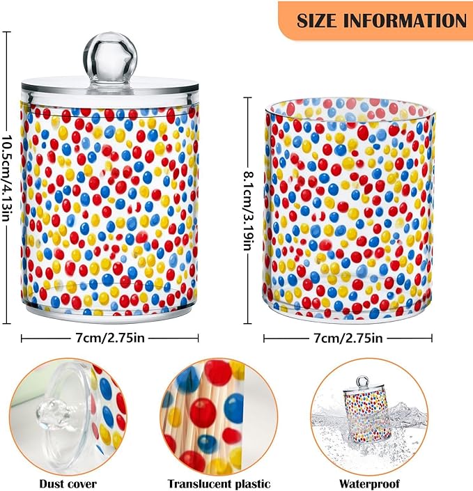 2 Pack Apothecary Jars Charming Red Blue Yellow Art Bathroom Vanity Storage Organizer Set,Small Clear Plastic Storage Jars Bathroom Canister for Cotton Swabs, Rounds, Balls, Qtips,Makeup Sponge