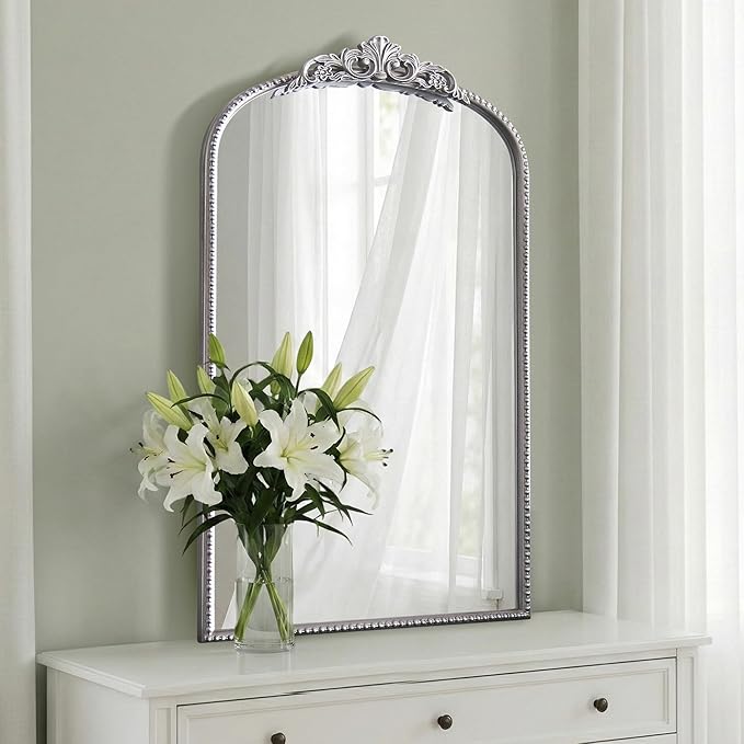 Micasso Vintage Arched Silver Mirror: 31"x19" French Baroque Antique Mirror - Traditional Ornate Decorative Mirrors for Wall/Bathroom/Entryway/Fireplace/Hallway - Home Decor for Living Room
