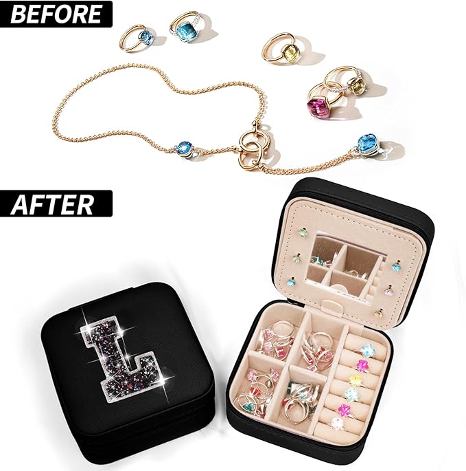 Uygafly Travel Jewelry Case - Personalized Jewelry Box for Women,Small Jewelry Organizer Cute Jewelry Organizers and Storage Aesthetic,Travel Essentials Birthday Gifts for Girls Women | Black,L