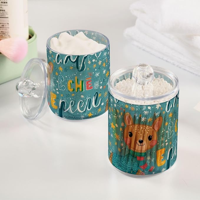 2 Pack Apothecary Jars Festive Deer Snowflake Print Bathroom Vanity Storage Organizer Set,Small Clear Plastic Storage Jars Bathroom Canister for Cotton Swabs, Rounds, Balls, Qtips,Makeup Sponge