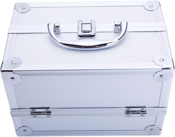 Makeup Box Train Case Large Storage Capacity Trays with Mirror Portable Travel Cosmetic Organizer with Brush Holder, Makeup Travel Train Case, 9" Lx 6" W x 6" H Silver