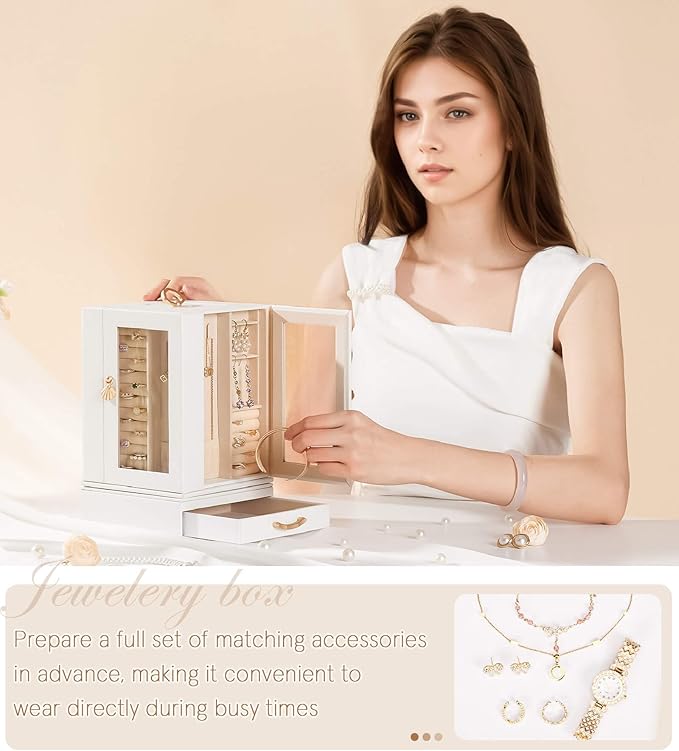 Enthralite Jewelry Box Large for Dresser: Women Necklace Ring Storage Organizer with Compartments - Elegant Earring Holder Display - 360° Rotating Jewelry Organizer with Glass Door