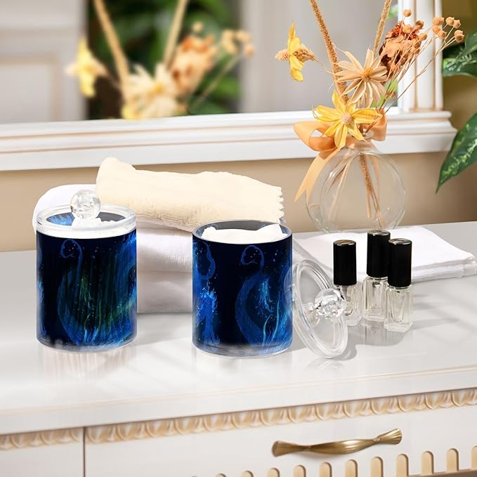 2 Pack Apothecary Jars Dark Blue Fire Dragon Bathroom Vanity Storage Organizer Set,Small Clear Plastic Storage Jars Bathroom Canister for Cotton Swabs, Rounds, Balls, Qtips,Makeup Sponges, Flos