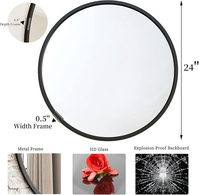 G-LEAF Black Round Mirror 24 inch, Circle Mirror for Bathroom, Entryway, Vanity, Living Room, Round Bathroom Mirror for Wall
