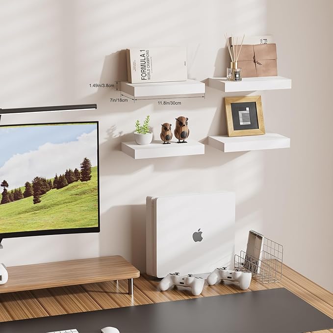 Floating Shelves for Wall, Bathroom Shelves Over Toilet, Wall Shelves & Book Shelf for Room, Hanging Shelf, Modern Wooden Wall-Mounted Small Floating Shelves, 12x7x1.5 in (White, Set of 4)