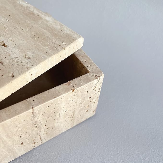 Natural Marble Ring Jewelry Box Cotton Swab Storage Box with Lid Storage Box (Travertine)