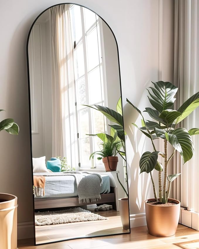 KOMCOTE 71x28 Inch Arched Floor Mirror - Full Length Black Standing Mirror for Bedroom, Living Room, Dressing - Tall Leaner Mirror with Arch Design, Wall or Free-Standing Decor
