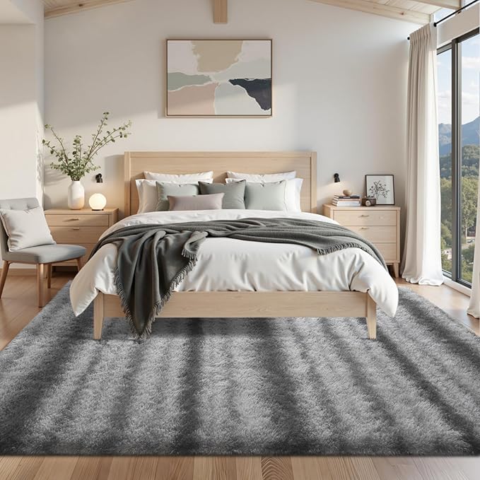 Area Rugs for Living Room 8x10 Feet, Soft Fluffy Shagg Plush Bedroom Rug Non-Slip,Large Carpet for Nursery Kids Dorm Home Decor Grey White Stripe
