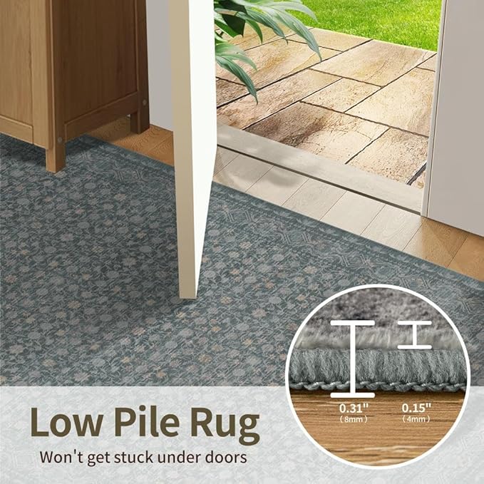 Rugxara 6x9 Washable Area Rug for Living Room, Vintage Large Boho Rugs for Office, Dining Room, Kids Room, Farmhouse, Durable Low Pile Non Slip Carpet for High Traffic Areas, Soft Blue