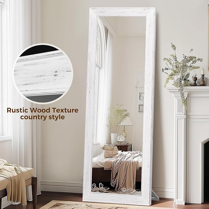 Full Length Mirror 65"x22" - Beveled Edge Rustic White Dressing Mirror, Solid Wood Frame, Wall Mounted or Standing for Bedroom, Entryway, Living Room