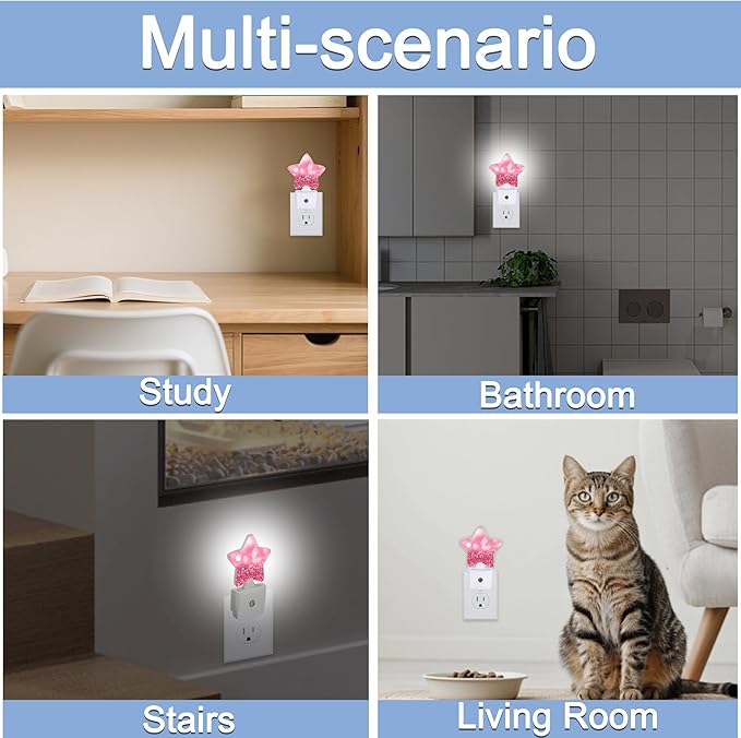 Pink Red Glittering Dusk to Dawn Star Night Light,Abstract Christmas Smart Sensor Nightlight for Bedroom Kitchen Hallway Stairs,Plug-in Energy Efficient Decor Desk Lamp Women Men Gifts