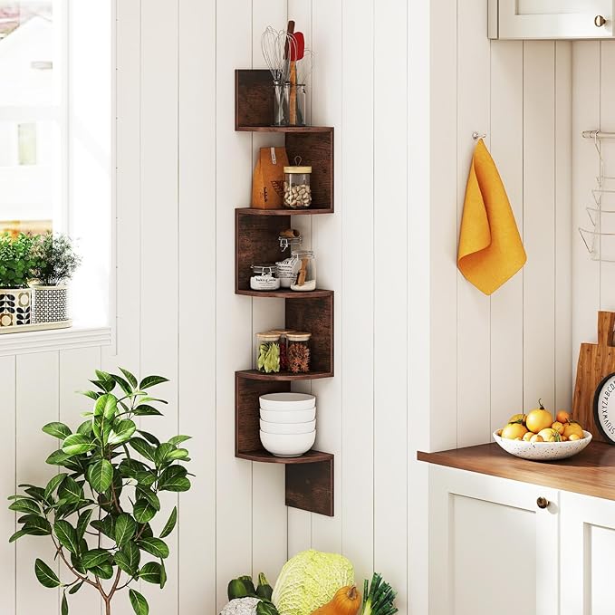 Giantex Corner Shelf Wall Mounted Set of 2, 5-Tier Floating Corner Bookshelf, Home Storage Organizer, Wooden Display Stand Rack for Wall, Plant Shelf for Living Room, Bedroom, Kitchen, Rustic Brown