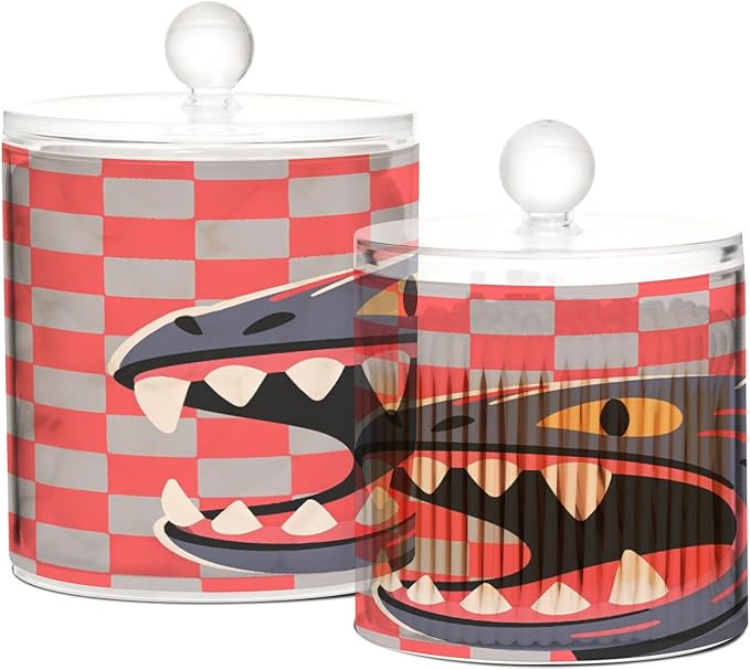 Red and Gray Checkered monsters Clear Plastic Makeup Organizer Storage with lid Pantry Essentials Decorative Dental floss storage jar for Cotton Swabs,Cotton Pads,Floss Picks,Paper Clips,Hair