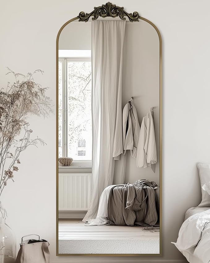 Antok Arched Full Length Mirror, 65"x22" Floor Mirror with Carved, Full Body Mirrors for HomeDecor, Standing/Halling Large Wall Mirror for Bedroom, Living Room, Cloakroom, Bronze, Retro Style