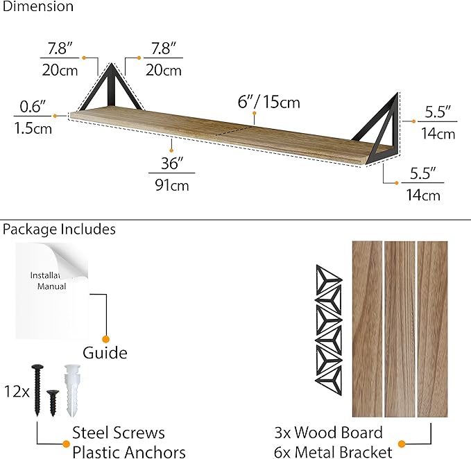 Wallniture Minori Wall Bookshelves for Living Room Decor, 36" Floating Shelves for Bathroom, Kitchen, Bedroom, Floating Bookshelf Wall Storage, Set of 3 Natural Burned