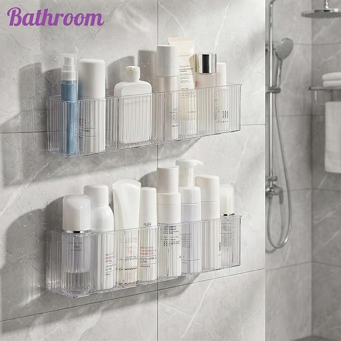 4 Pack Wall Mount Makeup Organizer, 14" Plastic Bathroom Storage Organizer with 3 Compartments, Clear Adhesive Shower Floating Shelf Cabinet Door Organizer for Wall Narrow Space Office