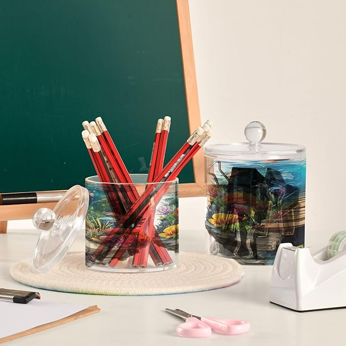 3d Hole White Wall Underwater Scenery Clear Plastic Makeup Organizer Storage with lid Bathroom Essentials Decorative Dental floss storage jar for Cotton Swabs,Cotton Pads,Floss Picks,Paper