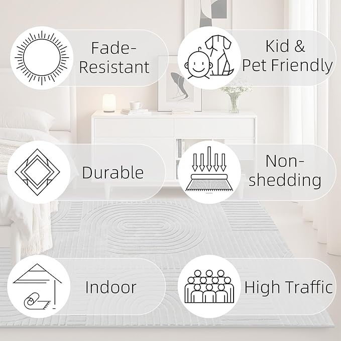 5x7 Solid Color Area Rugs – Washable Living Room Rug, Durable Non-Slip Indoor Carpet with Soft High-Low Pile, Fluffy Floor Rugs for Bedroom, Bedside, Kids Room, Dorm, Nursery, Home Décor, Grey
