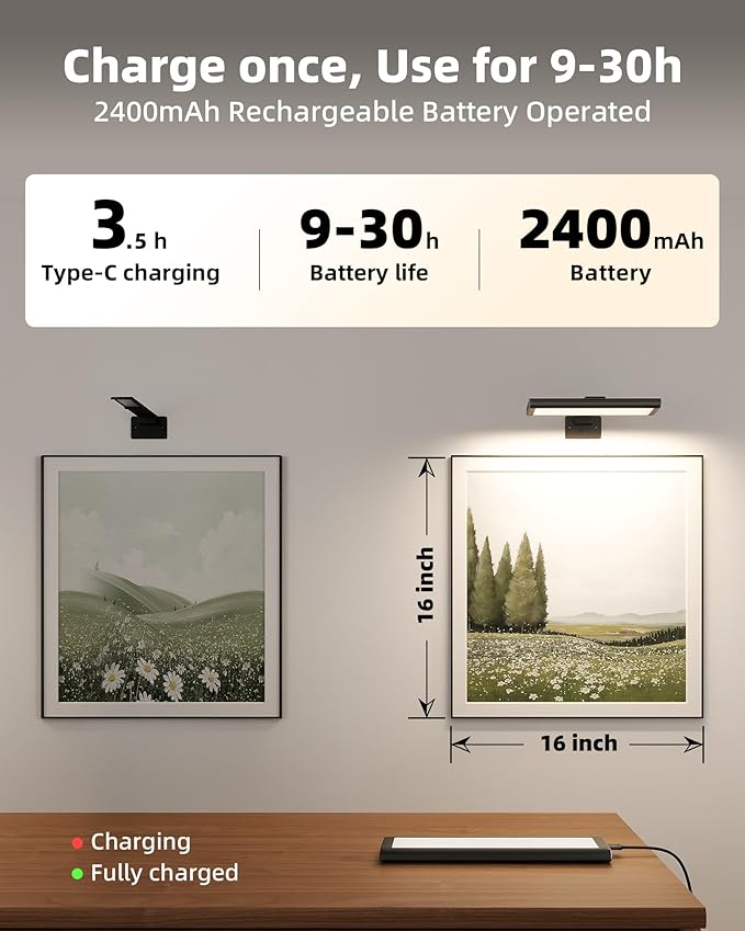 EZVALO Picture Light for Wall, Rechargeable 2400mAh Battery Lights Wireless with IR Remote, 3 Color & Dimmable Magnetic 7.87'' LED Lights Display for Painting, Living Room, Gallery, Bedroom(Black-2P)