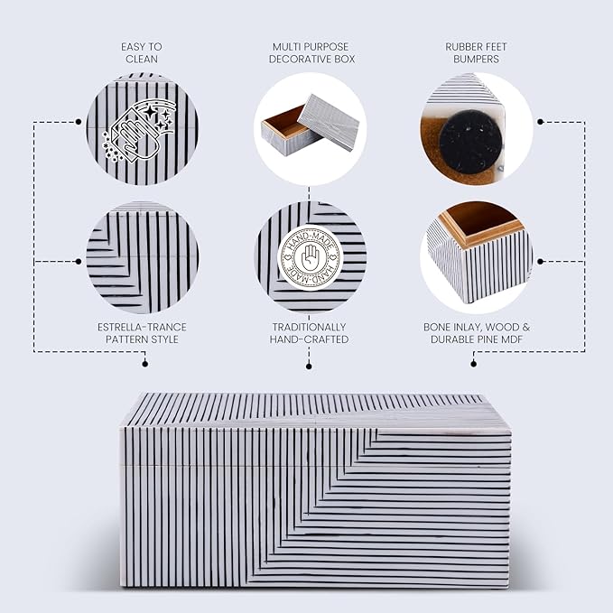 Handicrafts Home Large Decorative Storage Box with Lid – Black White Coffee Table Storage Box, Geometric Stripe Keepsake Box for Living Room, Shelf & Console Decor – Illusion Stripe, 12 x 8 x 5.5