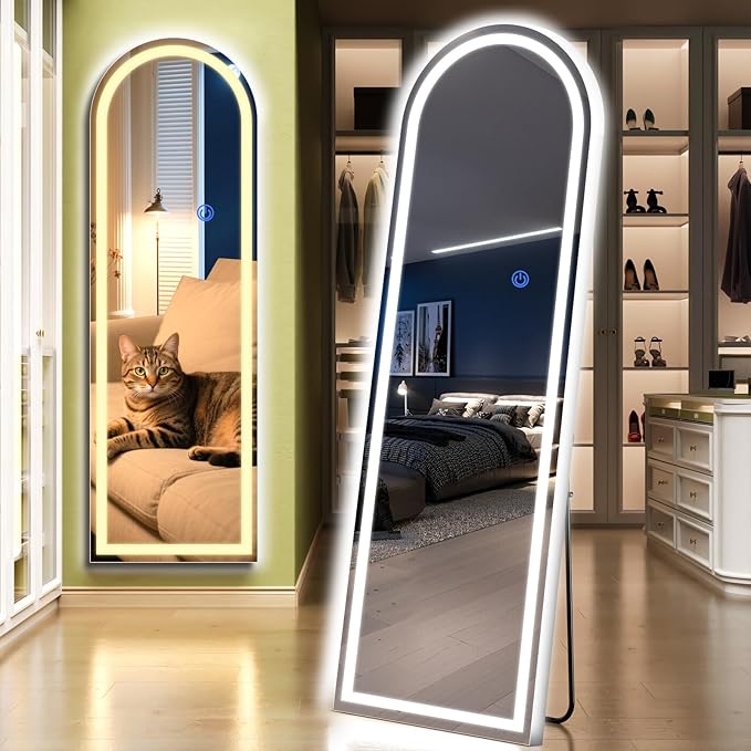 Arch Full Length Standing Mirror with LED Lights, 63"x20" Lighted Mirror with Dimming & 3 Color Lighting, Tall Mirror Full Body for Bedroom, Dressing Room