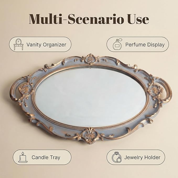 Oval Vintage Decorative Mirror Tray, 14.6'' x 9.8'' Jewelry Dresser Organizer Tray, Cosmetics Makeup Storage Organizer, Serving Tray - Gray