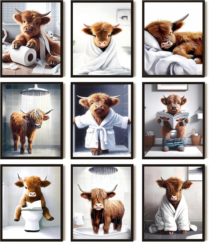 SEHSUVC Funny Bathroom Cow Posters Wall Art Set of 9, Vintage Brown Highland Cow Canvas Prints Pictures, Art Animal Restroom Wall Decor for Bathroom Bedroom Babyroom Decoration 8x10In Unframed