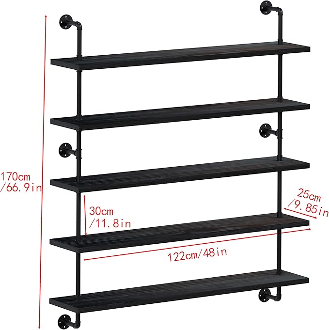 HDDFER Floating Shelves for Wall Bookshelf Industrial Pipe Shelving Shelves 48 Inch 5 Tier Natural Wood Planks Rustic Wall Shelves Hanging Bookshelves Farmhouse Kitchen Shelving Black