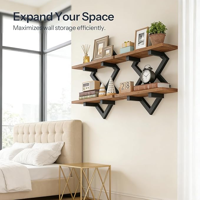 HOOBRO 15" Floating Shelves for Wall, Set of 2 Wall shelf, 2-Tier Hanging Shelves, Wall Mounted Storage Shelf, Display Rack, for Living Room Bedroom Kitchen Bathroom, Rustic Brown and Black BF14BJP201