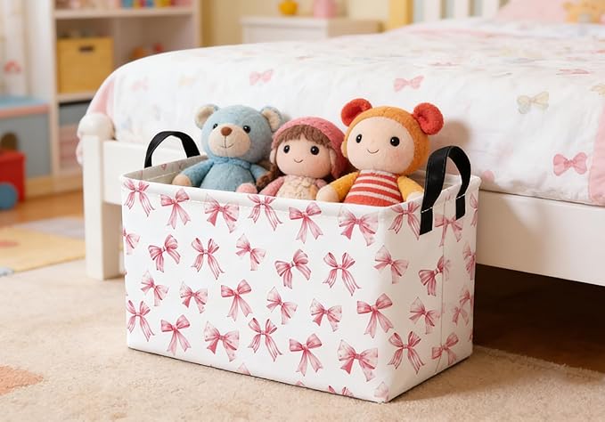 Essme Rectangular Pink Baskets,Girls Storage Box,Cute Basket for Kids with Handles for Room Decor, Book Bins,Shelf Basket.(Pink Bowknot)