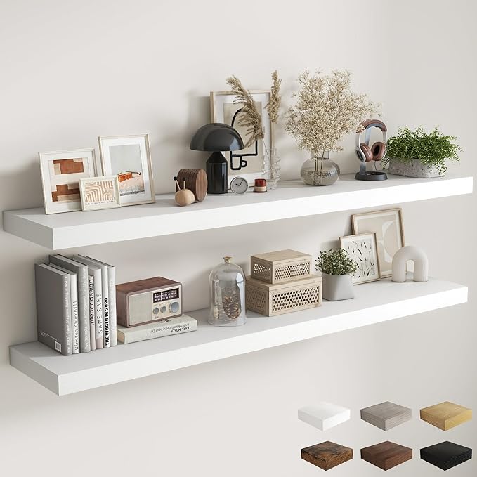 Fun Memories 72 Inch Floating Shelves, 12 Inch Deep Wall Shelf for Fireplace Mantel, Large Display Shelf & Storage Shelf, Wood Floating Wall Shelves for Home & Office, White, Set of 2