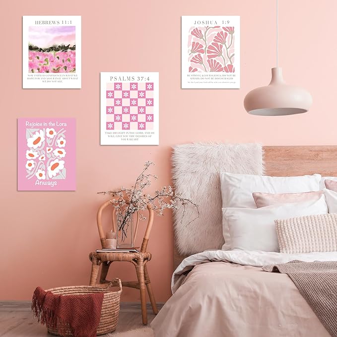 Habseligkeit Unframed Pink Gradient Room Decor, Pink Flower Wall Art Prints, Posters for Girls Dorm Aesthtic, Danish Pastel Wall Decor 8X10in, Set of 6