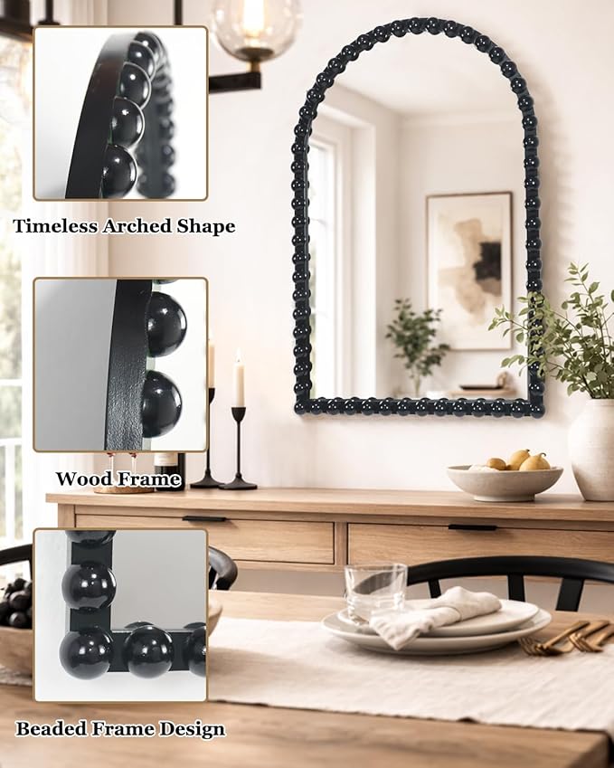 Black Beaded Arched Wall Mirror 24x36 Inch, Vintage Decorative Arch Mirror with Beaded Frame, Accent Mirror for Entryway, Bathroom, Living Room, Bedroom, Fireplace