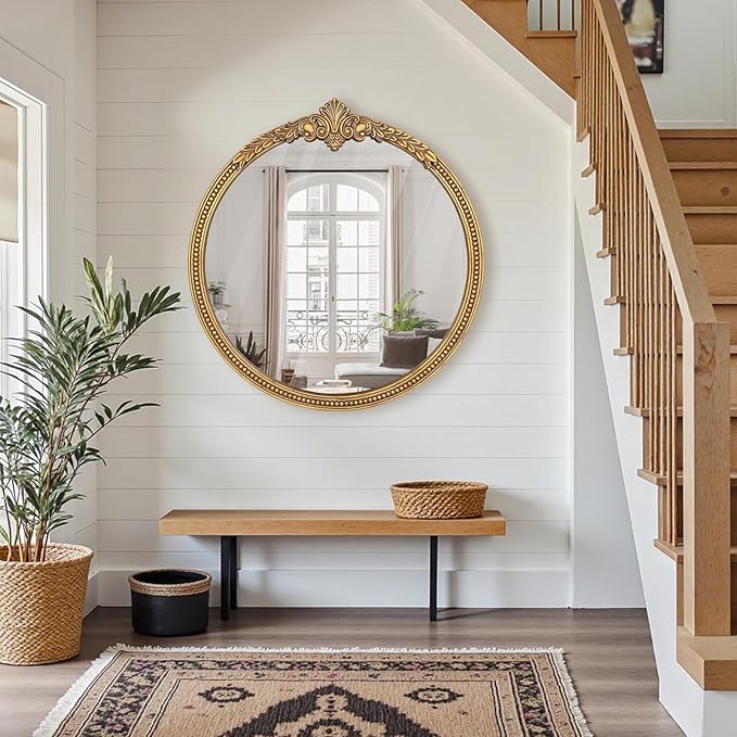 Farmhouse Round Wood Mirror - 30x30 Inches Antique Gold Baroque Wall Mirror, Ornate Beaded Decorative Mirror for Mantel, Living Room
