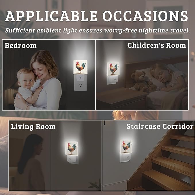 Charming Rooster Night Light, Plug-into Wall Nightlight with Dusk to Dawn Sensor, Energy Efficient Lamp for Bedroom/Bathroom/Kitchen/Hallway/Stairs