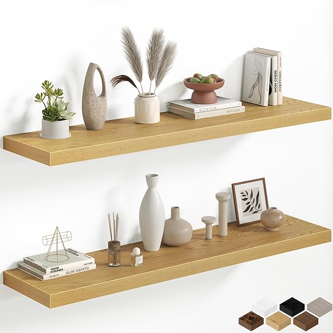 Fun Memories 48 Inch Floating Shelves, 12 Inch Deep Wall Shelves, 48 x 12 Floating Shelf Set of 2, Oak Rustic Wood Floating Shelf Wall Mounted for Large Kitchen Living Room Bedroom Bathroom Storage