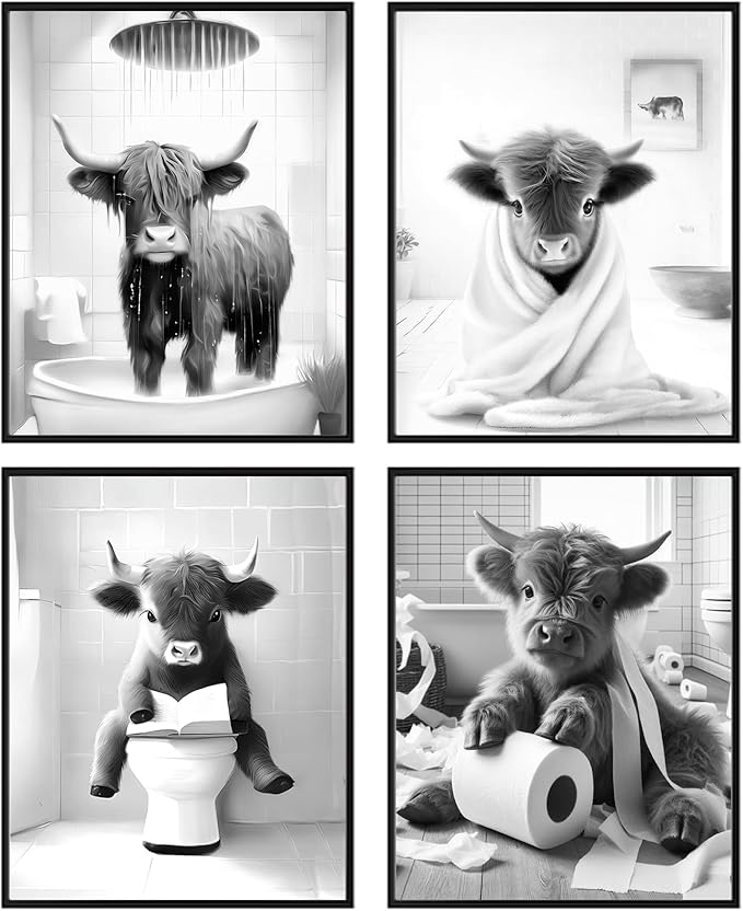 Western Cow Bathroom Decor Wall Art,Funny Highland Cow Wall Art in Restroom,Black and White Wall Decor,Highland Cow Canvas Art Prints,Rustic Retro Bathroom Wall Decor Humor Animals Artwork Prints,8x10inchx4pcs,Unframed