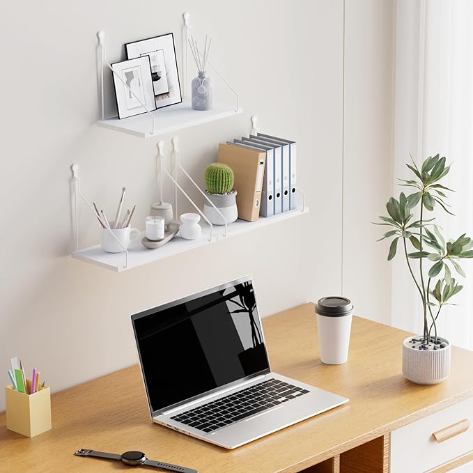 QsQueen Elevate Your Space with Rustic Wood Floating Shelves Set of 3- Perfect for Bedroom, Living Room, Bathroom, and Kitchen Decor - Easy Installation, No Drilling Needed! White