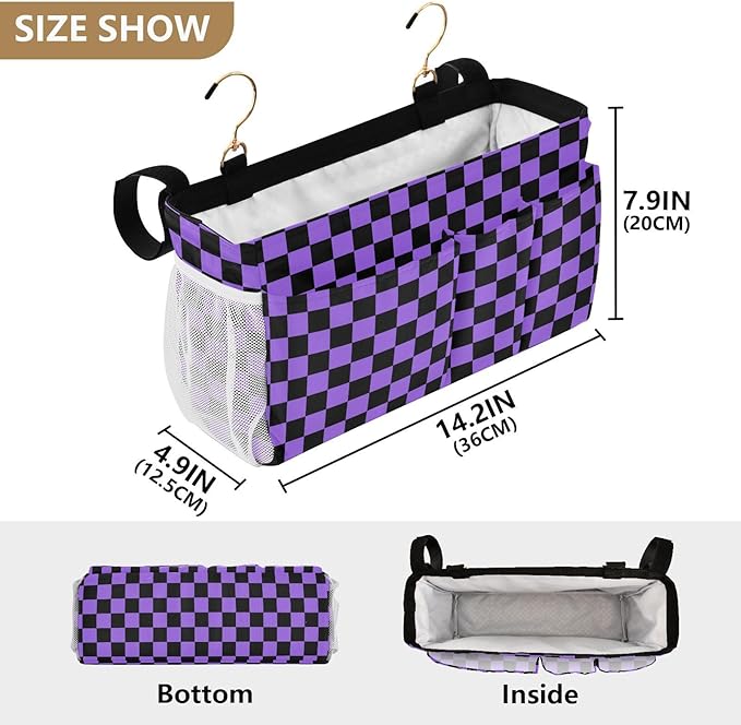 Checkerboard Black Purple Plaid Print Bedside Caddy Storage Bag Bedside Organizer for Bunk Bed Headboards College Organizer Caddy Hanging Shelf 6 Pockets with Hooks for Drinks Magazine Phone Holder