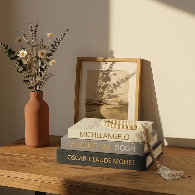 Aesthetic Decorative Books for Home Decor w. Wood Bead - Set of 3 Linen Fake Books for Decoration, Coffee Table Book Box Decor for Mantle/Bookshelf/Farmhouse/Entryway/Nightstand